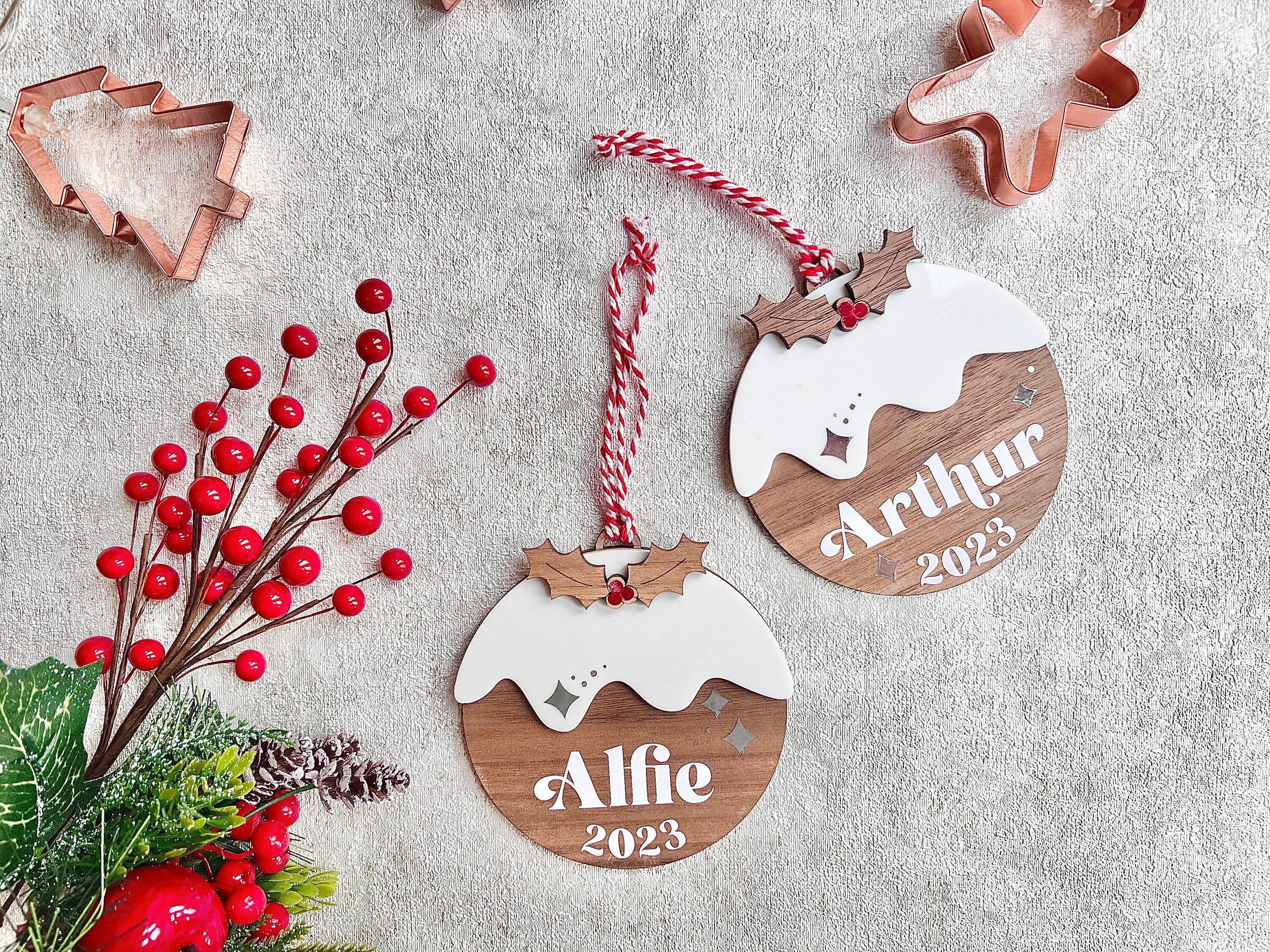 Personalized Christmas Pudding Bauble: Walnut Veneer Hanging Decoration