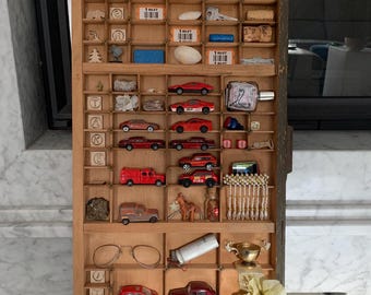 The WINNER TAKES It ALL Old Letterpress Printers Drawer 15 Red Toy Cars Miniatures Real Vintage Encyclopedia Pic Coins Spectacles Pinch Nose