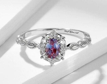 Oval Alexandrite Engagement Ring: Sterling Silver Promise Ring, June Birthstone