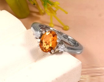 Anillo de citrino natural: Anillo de piedra natal, joyería de citrino, anillo de boda minimalista de plata de ley con gema amarilla.