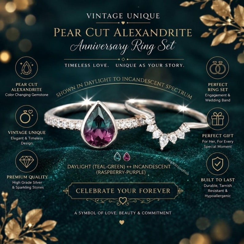 Pode incluir: Um conjunto de an&eacute;is de anivers&aacute;rio com uma alexandrita em corte de pera, uma pedra preciosa que muda de cor de verde-azulado &agrave; luz do dia para roxo-framboesa sob luz incandescente, incluindo um anel solit&aacute;rio e uma banda curva com pedras.