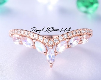 Moonstone Wedding Band, Natural Rainbow Moonstone Ring, 14K Rose Gold, Moonstone Eternity Band, Ring for Gift, June Birthstone Ring Band