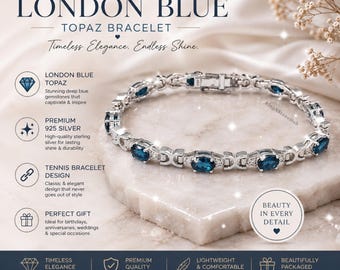 Pulseira de Topázio Azul Londres em Prata 925, Pulseira de Tênis, Pulseira com Gema Azul, Presente de Casamento, Presente para Ela