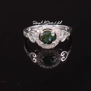 Vintage Teal Sapphire Engagement Ring Unique Round Solid Silver Ring Blue Green Sapphire Ring Diamond Wedding Promise Ring Anniversary Ring