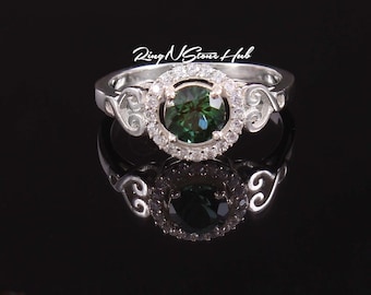 Teal Sapphire Engagement Ring: Round Sterling Silver, Diamond Accent