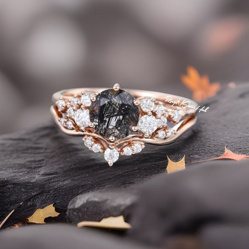 Vintage Round Cut Black Rutilated Quartz Engagement Ring Set 14k Rose Gold Unique Diamond Promise Wedding Ring Set Women