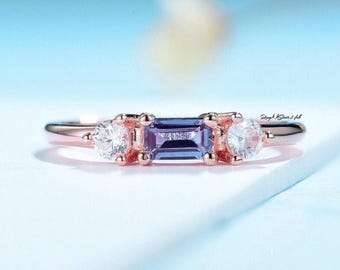 Alexandrite Ring, Halo Promise Ring, June Birthstone Ring, Emerald Cut Ring, Color Changing Gemstone Ring, 925 Sterling Silver Ring