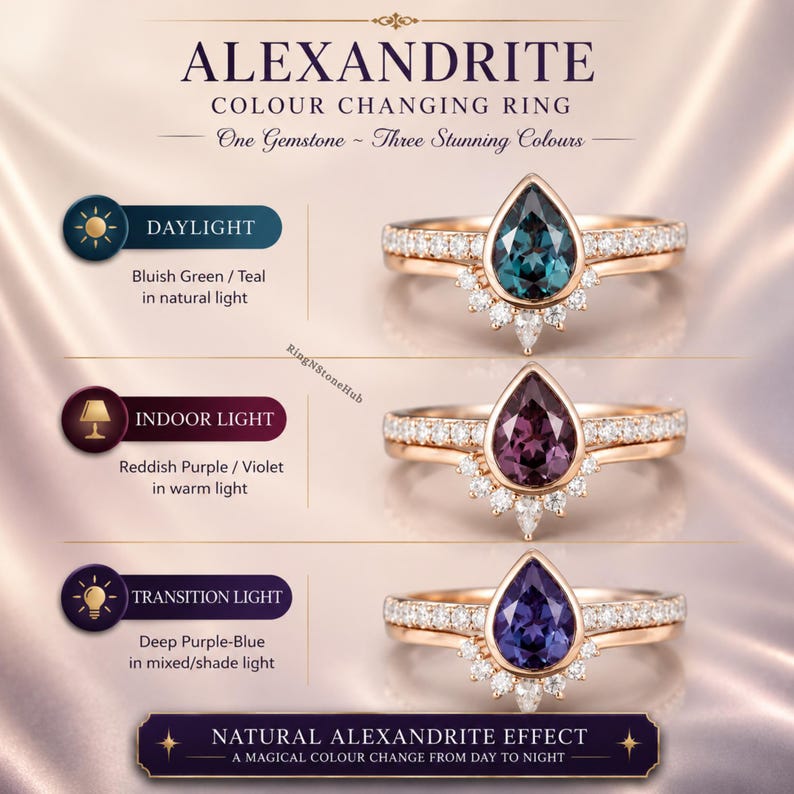 Pode incluir: Um anel de alexandrita com mudan&ccedil;a de cor, apresentando uma gema em forma de pera em ouro rosa com uma banda de diamantes. O texto mostra as mudan&ccedil;as de cor: verde azulado na luz do dia, roxo avermelhado na luz interna e roxo-azul profundo.