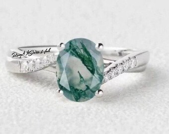 Moss Agate Engagement Ring 925 Sterling Silver Unique Oval Engagement Ring Vintage Cluster Diamond Moissanite Wedding Ring For Women