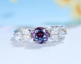 Alexandrite Ring Sterling Silver  Engagement Ring White Gold Promise June Anniversary Gift For Her