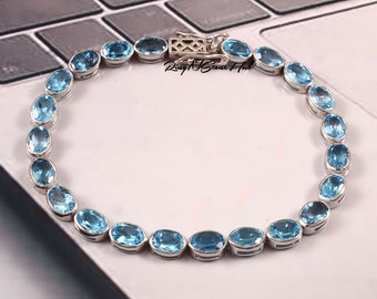 Swiss Blue Topaz Bracelet, Genuine Blue Topaz Sterling Silver Bracelet, December Birthstone Gift for Women, Blue Topaz Tennis Bracelet Gift