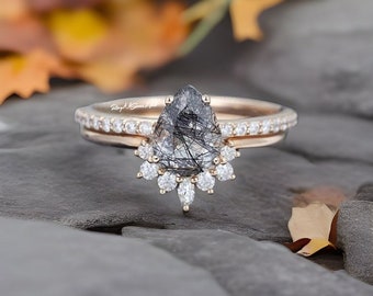 Vintage Pear Cut Black Rutilated Quartz Engagement Ring Set 24k Rose Gold Unique Diamond Promise Wedding Ring Set Women