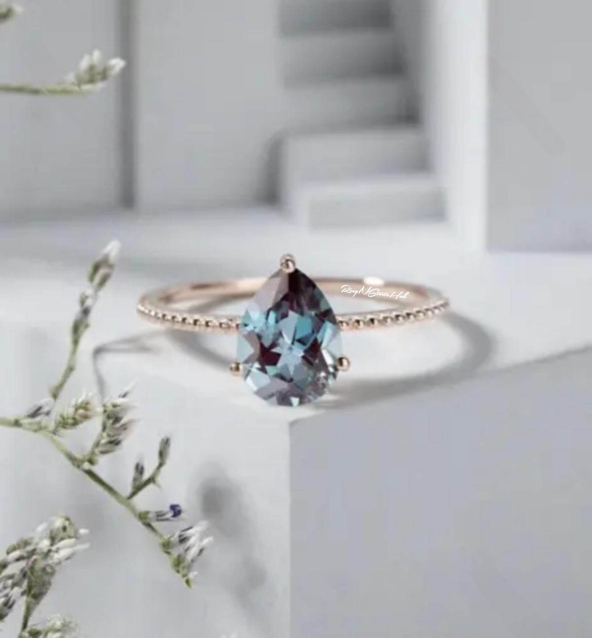 Vintage Alexandrite Ring, Rose Gold Dainty Ring, Pear Cut, Engagement Ring, Promise Ring, June Birthstone Ring, Anniversary Gift For Her