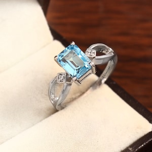 Emerald Cut Swiss Blue Topaz Solitaire Ring, White Silver Ring Engagement Ring, Prong Setting, Statement Ring, Gift For Women