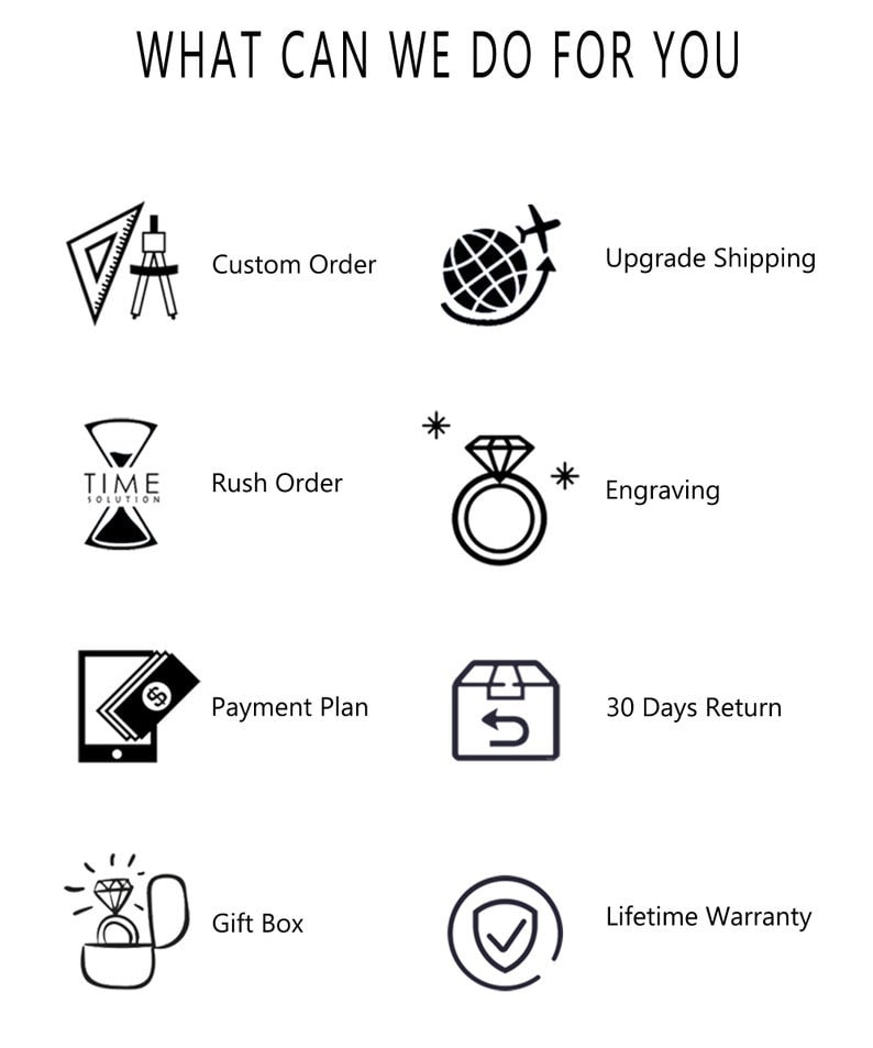 May include: Black and white icons representing various services offered by a business. The icons include a compass, a globe, an hourglass, a ring, a phone, a box with an arrow, a ring in a box, and a check mark in a circle. The text below the icons reads "Custom Order", "Upgrade Shipping", "Rush Order", "Engraving", "Payment Plan", "30 Days Return", "Gift Box", and "Lifetime Warranty".