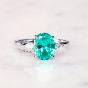 2 Carats Oval Paraiba Tourmaline Engagement Ring, Three Stone Teal Green Tourmaline Promise Ring, Peacock Gemstone Ring, October Birthday