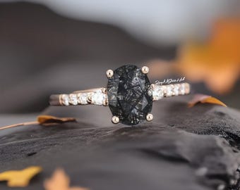 Vintage Oval Cut Black Rutilated Quartz Engagement Ring Rose Gold Unique Diamond Promise Wedding Ring  Women
