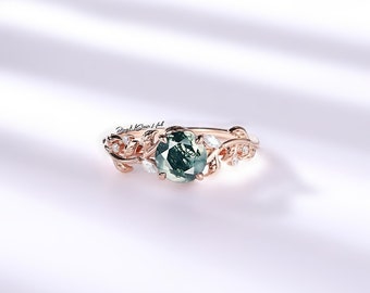 Moss Agate Engagement Ring 24k Rose Gold Unique Round Engagement Ring Vintage Cluster Diamond Moissanite Wedding Ring For Women