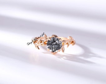 Black Rutile Quartz Engagement Ring-Black Rutilated Quartz Promise Ring-Black Rutile Vintage Ring For Her-14k Rose Gold