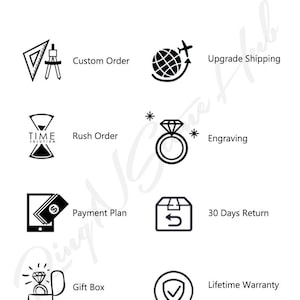 Pode incluir: Um gr&aacute;fico informativo intitulado WHAT CAN WE DO FOR YOU com &iacute;cones e texto em preto. Os &iacute;cones incluem um compasso, um globo com avi&atilde;o, uma ampulheta, um anel de diamante, um tablet com dinheiro, uma caixa, um anel em uma caixa e um escudo com um visto.