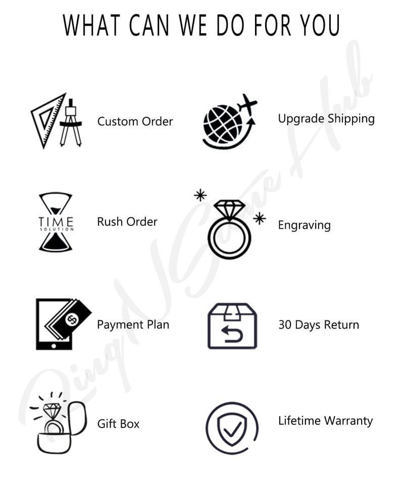 Pode incluir: Um gr&aacute;fico informativo intitulado WHAT CAN WE DO FOR YOU com &iacute;cones e texto em preto. Os &iacute;cones incluem um compasso, um globo com avi&atilde;o, uma ampulheta, um anel de diamante, um tablet com dinheiro, uma caixa, um anel em uma caixa e um escudo com um visto.
