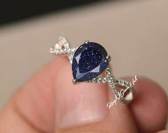 Blue Galaxy Sandstone Ring, Minimalist Blue Sandstone Ring, Dainty Blue Gemstone Ring, Gift For Her