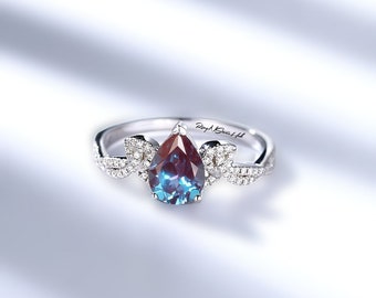 Lab Alexandrite Ring, Created Alexandrite Ring, 925 Sterling Silver Ring, Pear Cut Alexandrite Ring, Color Change Stone Ring, Art Deco Ring