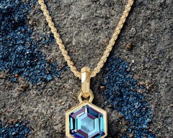 Hexagon Cut, Alexandrite 14K Gold Filled Necklace, June Birthstone Necklace With Chain, Bezel Gemstone Pendant For Her, Best Valentine Gift.