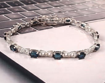 London Blue Topaz Bracelet: 925 Sterling Silver Tennis Bracelet
