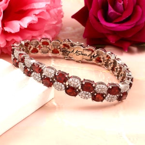 Red Garnet Bracelet, Garnet Sterling Silver Bracelet, Garnet Bracelet for Women, January Birthstone Gift for Her, Tennis Bracelet
