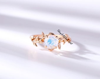 Anillo de piedra lunar, anillo de piedra lunar único, piedra lunar de hoja de anillo de promesa, anillo floral, anillo nupcial de piedra lunar, anillo para su anillo de piedra lunar arco iris
