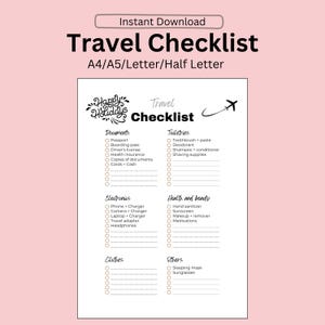 Pode incluir: Uma lista de verificação de viagem imprimível com um design em preto e branco. A lista é dividida em seções para documentos, artigos de higiene pessoal, eletrônicos, saúde e beleza, roupas e outros. Cada seção tem uma lista de itens para embalar, com caixas de seleção ao lado de cada item.