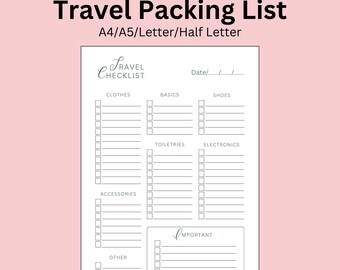 Travel Packing List Planner, Holiday, Vacation, A4/A5/Letter/Half Letter, Instant Download, PDF