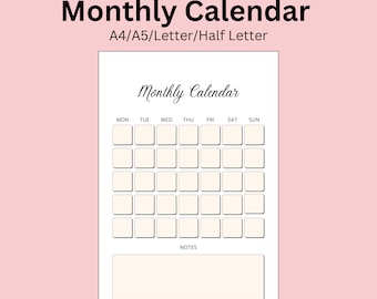 Calendario mensual imprimible sin fecha: tamaños A4, A5 y Carta (PDF)