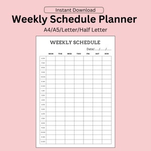 Weekly Schedule Planner, Hourly To Do List, A4/A5/Letter/Half Letter, Instant Download, PDF