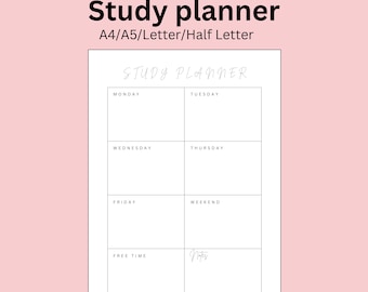 Planificador de estudios, Escuela, Universidad, A4/A5/Carta/Media Carta, Descarga Instantánea, PDF