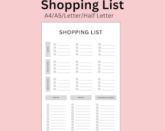 May include: A printable shopping list template with checkboxes for different categories: dairy, fruit/veg, meat/fish, pantry, frozen, and cleaning/laundry. The template is designed for A4, A5, Letter, and Half Letter paper sizes.