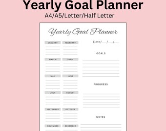 Yearly Goal Planner, Monthly Goals, A4/A5/Letter/Half Letter, Instant Download, PDF