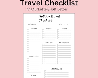 Lista de equipaje para viajes de vacaciones, ropa, productos electrónicos, zapatos, artículos de tocador, importante, descarga instantánea en PDF