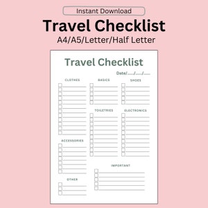Pode incluir: Uma lista de verificação de viagem imprimível com seções para roupas, itens básicos, sapatos, artigos de higiene pessoal, eletrônicos, acessórios, outros e itens importantes. A lista de verificação tem um espaço para a data e várias linhas para cada categoria.