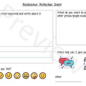 May include: A white Restorative Reflection Sheet with prompts for reflection. Includes sections for writing, questions, and emotional check-ins. Features illustrations of speech bubbles and faces.