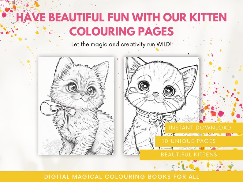 Set of 10 Cute Kitten Colouring Pages for Children & Adults Printable