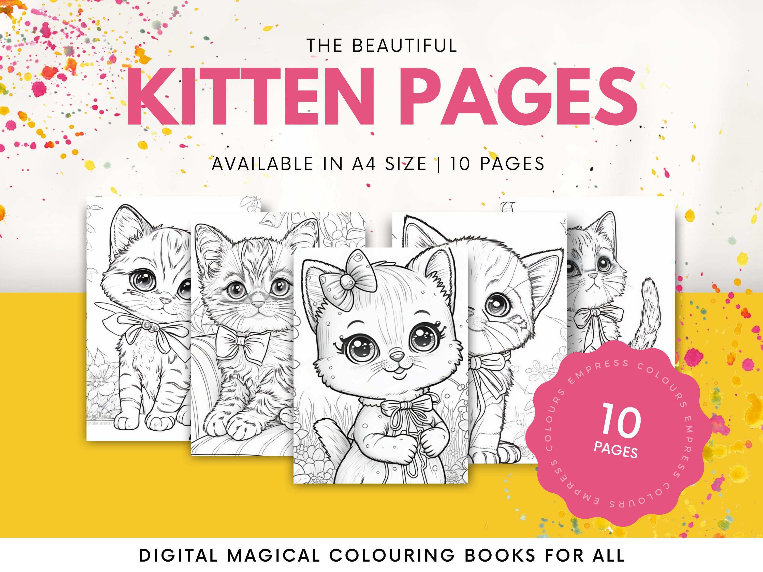 Set of 10 Cute Kitten Colouring Pages for Children & Adults Printable