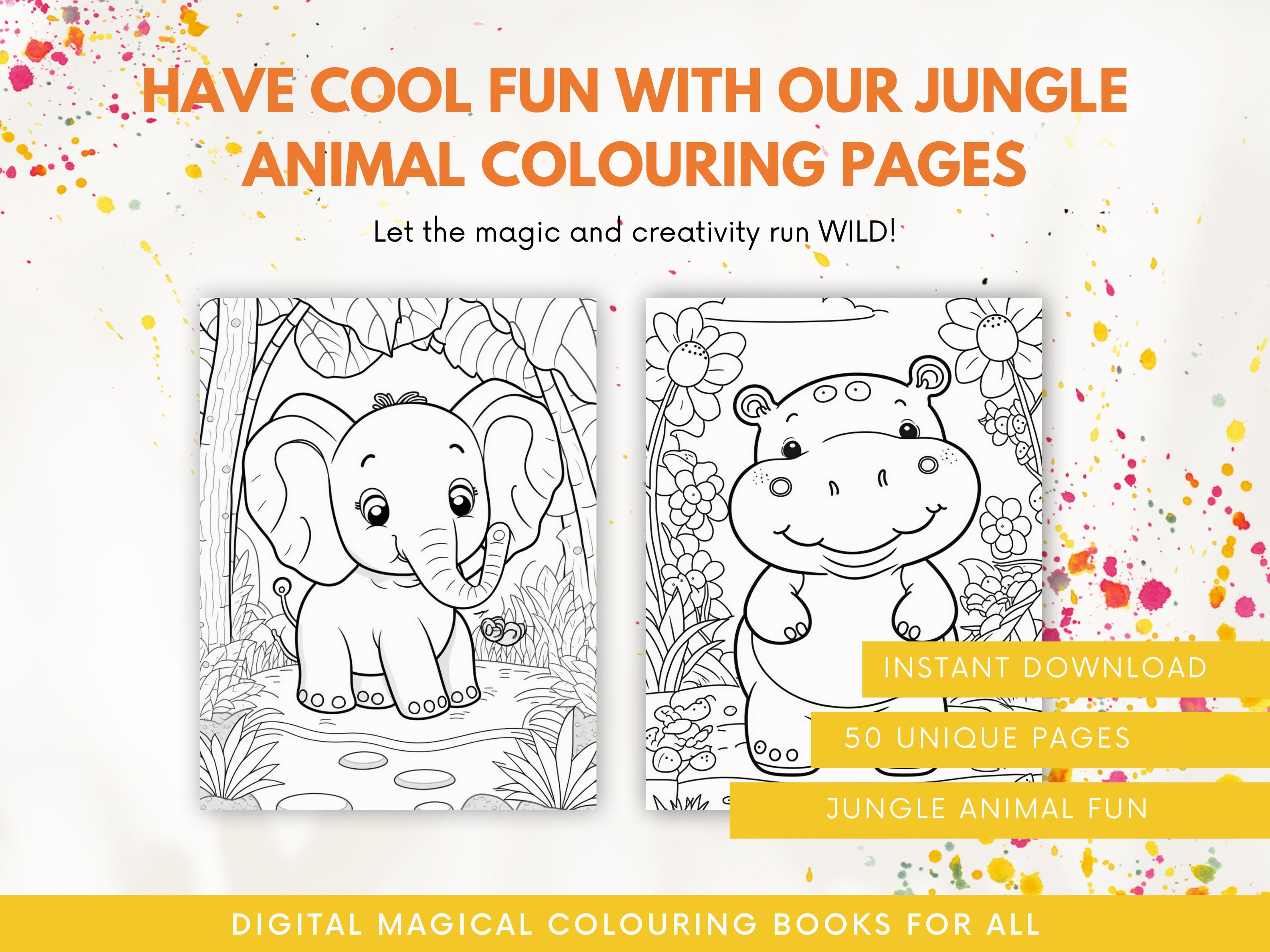 Set of 50 Jungle Animal Colouring Pages for Children & Adults Printable ...