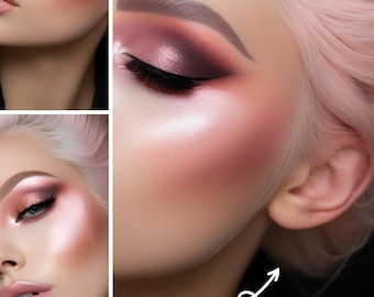 Könnte beinhalten: Eine digitale Vorlage für Ohrringe mit einem Model mit rosa Haaren und rosa geschminktem Gesicht. Das Bild enthält den Text EARRINGS MODEL MOCKUP und einen weißen Pfeil, der auf das Ohr zeigt, mit dem Text your earings here darunter.