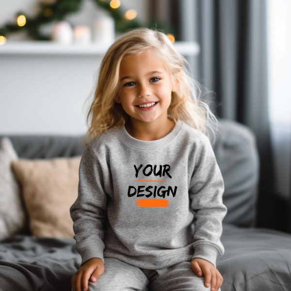 Kids Gray Sweatshirt Mockup  Gildan 18000b Sport Gray , Kids Gray Sweatshirt Mockup | Girl Gildan 18000b Sport Gray  Girl  Mockup