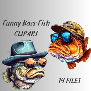Funny Bass Fish PNG Clipart, Download istantaneo, ClipArt di pesce, 14 file PNG, Bundle per scrapbooking, sublimazione del pesce, per uso commerciale