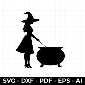 May include: A black silhouette graphic of a figure wearing a pointed hat and dress, standing beside a large cauldron while holding a thin wand. The text SVG - DXF - PDF - EPS - AI is displayed at the bottom of the white grid background.