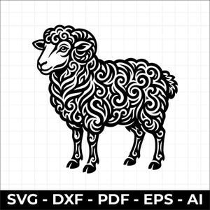 May include: A black and white graphic illustration of a sheep featuring intricate swirling patterns throughout its fleece. The design is presented on a grid background with the text SVG - DXF - PDF - EPS - AI displayed at the bottom of the image.