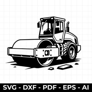 May include: A black and white graphic illustration of a road roller construction vehicle. The design features a large front drum, a cabin with a steering wheel, and a rear tire with deep treads. The text SVG - DXF - PDF - EPS - AI is at the bottom.